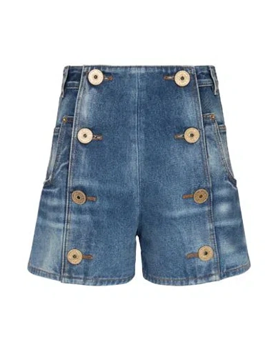 Balmain Washed Bronze Coin Button High Waisted Denim Shorts In Blue