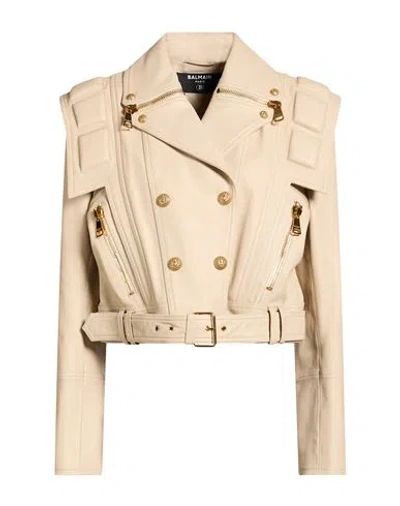 Balmain Woman Jacket Beige Size 10 Lambskin In Pink