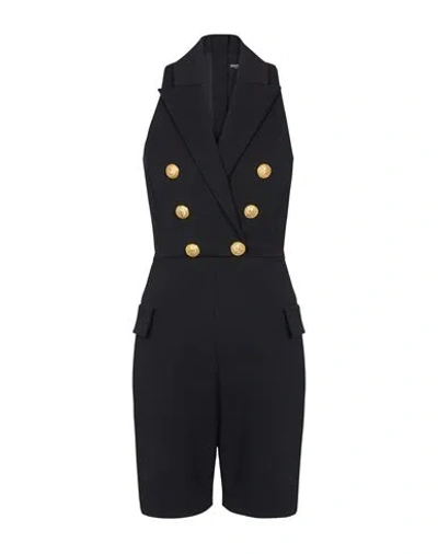 Balmain Button-embellished Stretch Cotton-blend Playsuit In Black
