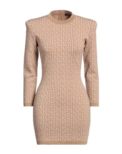 Balmain Woman Mini Dress Camel Size 8 Wool, Viscose, Polyamide, Elastane In Beige