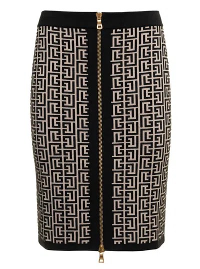 Balmain Woman's Monogram Wool Pencil Skirt With Zip In Black