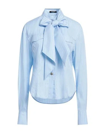 Balmain Striped Cotton Popeline Shirt With Bow Detail In Blue