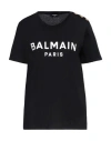 Balmain Black Crewneck T-shirt With Logo Print And Golden Buttons In Jersey Woman In Black