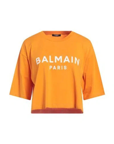 Balmain Logo-print Cropped T-shirt In Kbj Orange Vif Blanc