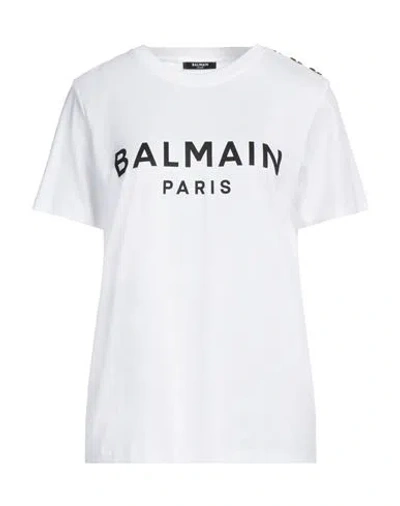Balmain Women White Crewneck T-shirt With Logo Print And Golden Buttons In Jersey Woman In Gray