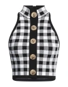 Balmain Cropped Button-embellished Gingham Knitted Top In Black