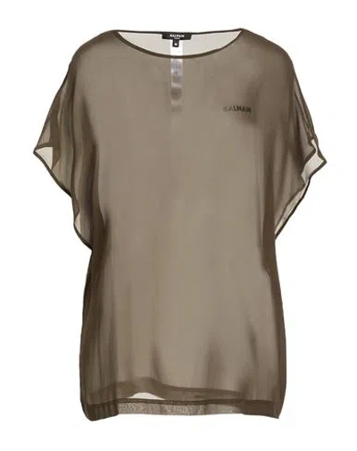 Balmain Woman Top Military Green Size M Silk In Brown