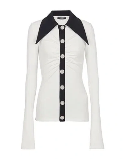 Balmain Rhinestone-button Long-sleeve Shirt In White