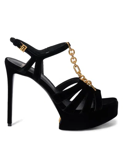 Balmain Women's 125mm Velvet Platform Sandals In Black