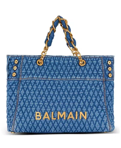 Balmain 1945 Soft Tote Bag In Diamond-quilted Denim In Blue
