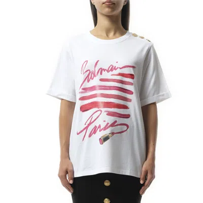 BALMAIN WOMEN'S 3 BTN LIPSTICK PRINT T-SHIRT