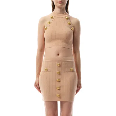 Balmain Women's 6 Button Halterneck Knit Cropped Top In Nude Rose