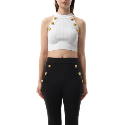 BALMAIN WOMEN'S 6 BUTTON HALTERNECK KNIT CROPPED TOP