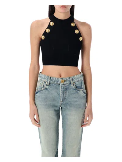 BALMAIN WOMEN'S 6-BUTTON KNIT HALTERNECK TOP