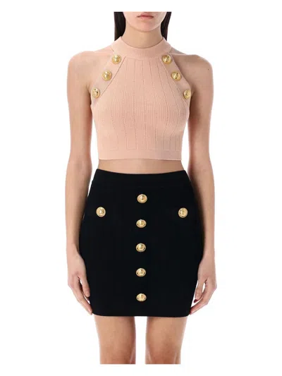 BALMAIN WOMEN'S 6-BUTTON KNIT HALTERNECK TOP