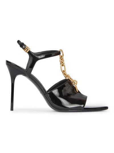Balmain Women's 95mm Chain-link & Patent Leather T-strap Sandals In Black