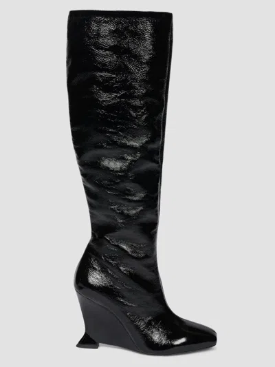 Balmain Women's 95mm Crinkled Patent Leather Wedge Boots In Noir