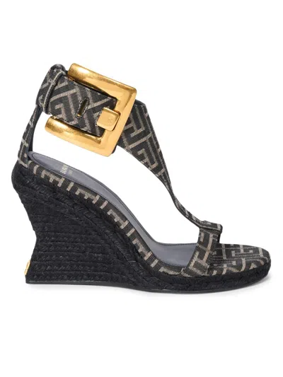 Balmain Women's 95mm Jacquard Espadrille Wedge Sandals In Black