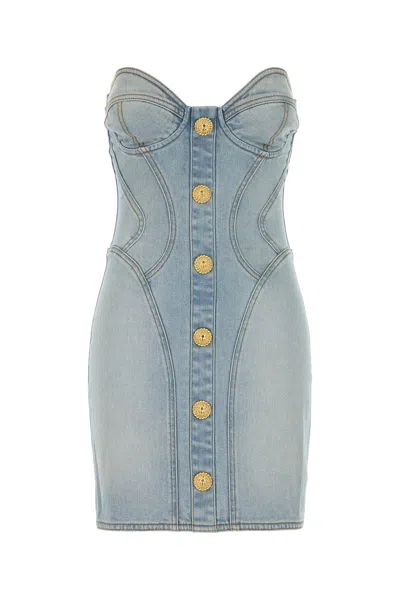 Balmain Strapless Mini Denim Dress In Bleujeanclair