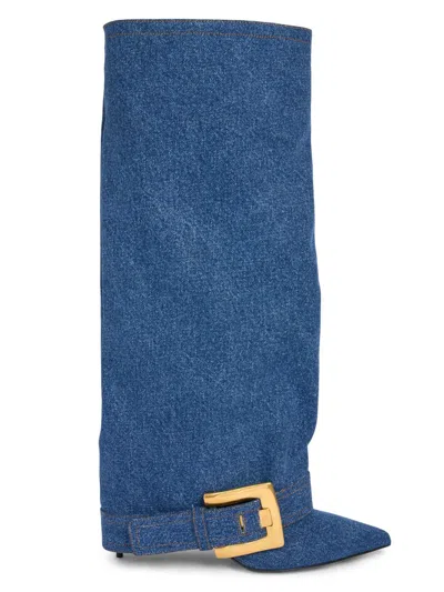 Balmain Women's Anthem Denim Knee-high Boots In Blue