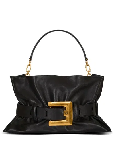Balmain Anthem Medium Buckle Shoulder Bag In Calfskin In Black