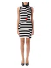Balmain Asymmetric Stripes Mini Dress In Black,white,rouge