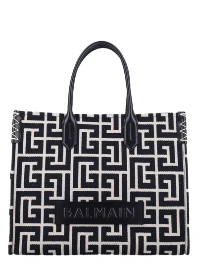 BALMAIN WOMEN'S B-ARMY 42 MONOGRAM JACQUARD AND LEATHER TOTE BAG