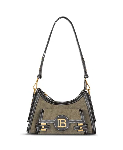 Balmain B-buzz Hobo Bag In Leather And Canvas In Green