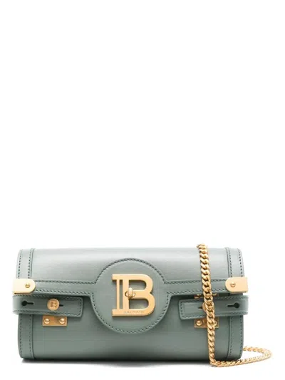 Balmain B-buzz Pouch 23 Leather Clutch In Green