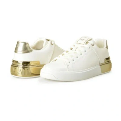 Pre-owned Balmain Women's "b Court" Leather Athletic Sneakers Shoes Us 7 Eur 37 In White/gold