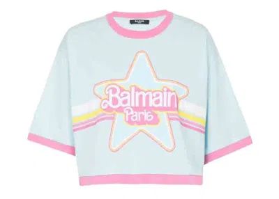 Pre-owned Balmain Women's  X Barbie Blue Cotton Cropped T-shirt In With Pink  Logo Print