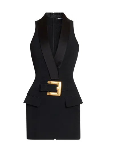 Balmain Women's Belted Wool Vest Minidress In Black