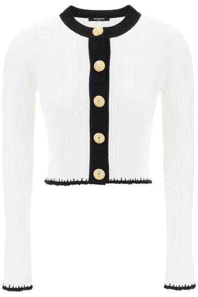 Balmain Contrast Ribbed Knit Cardigan With Lion Head Snaps In Multicolor