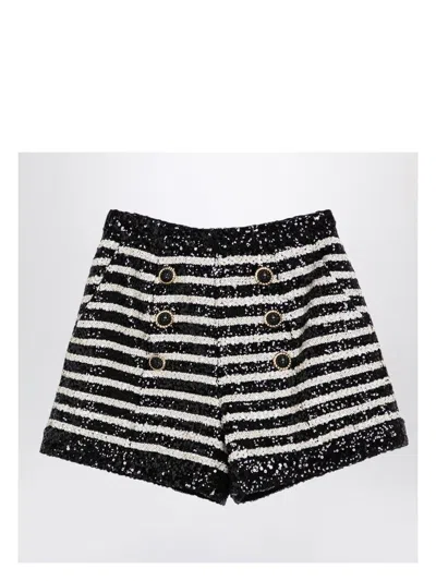 BALMAIN WOMEN'S BLACK/WHITE STRIPED SHORTS WITH SEQUINS | SIZE 38 | DF1PA265XJ31