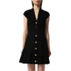 Balmain Buttoned Velvet V-neck Flared Mini Dress In Black