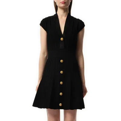 Balmain Buttoned Velvet V-neck Flared Mini Dress In Black
