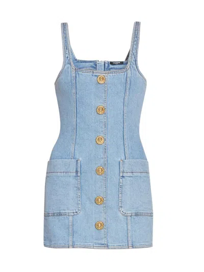 Balmain Women's Button-detail Denim Minidress In Blue