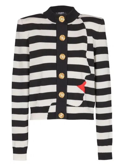 BALMAIN WOMEN'S BUTTONED FACE MARINIERE KNIT CARDIGAN