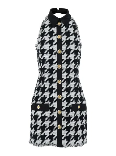 Balmain Women Buttoned Halterneck Tweed & Satin Dress In Black
