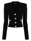 Balmain Black Ribbed Cardigan With Shoulder Pads And Logoed Metal Buttons In Black