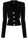 Balmain Black Ribbed Cardigan With Shoulder Pads And Logoed Metal Buttons In Multicolor