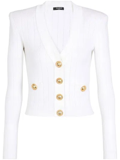 Balmain Women Buttoned V-necked Cardigan In White