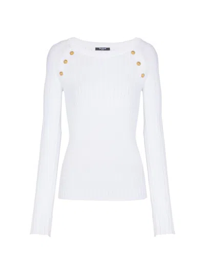 Balmain Women's Buttoned-shoulder Boatneck Sweater In White