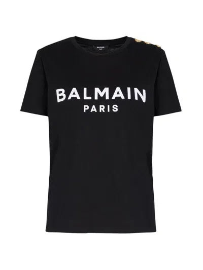 Balmain Women's Button-embellished Logo T-shirt In Black