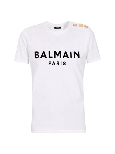 Balmain Women White Crewneck T-shirt With Logo Print And Golden Buttons In Jersey Woman In Gray