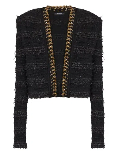 BALMAIN WOMEN'S CHAINS DETAILS SIDE TO SIDE TWEED JACKET