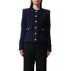 Shop Balmain Women's Collarless 2 Pocket Tweed Jacket In Midnight Blue