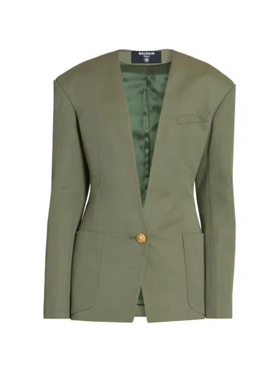 Balmain Women's Collarless Cotton Blazer In Green