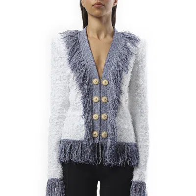 Balmain Collarless Glittered Fringed Tweed Jkt In Purple