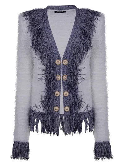 BALMAIN WOMEN'S COLLARLESS GLITTERED FRINGED TWEED JKT